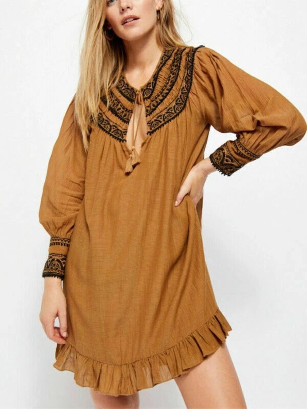 Free People Erin Embroidered Long Sleeve Mini Dress Size Small 36294